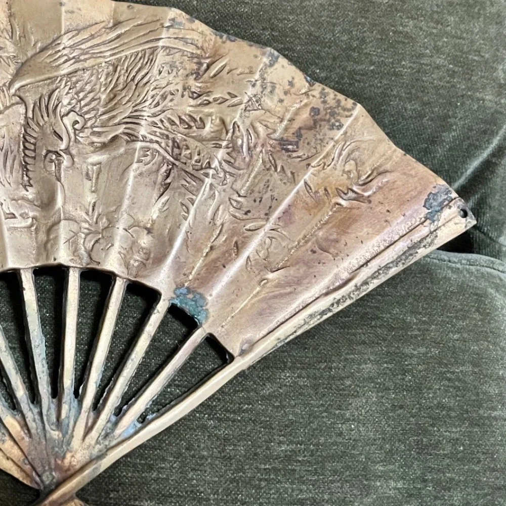 Vintage Brass Fans Set of‎ Two Embossed Dragon Phoenix Floral Taiwan